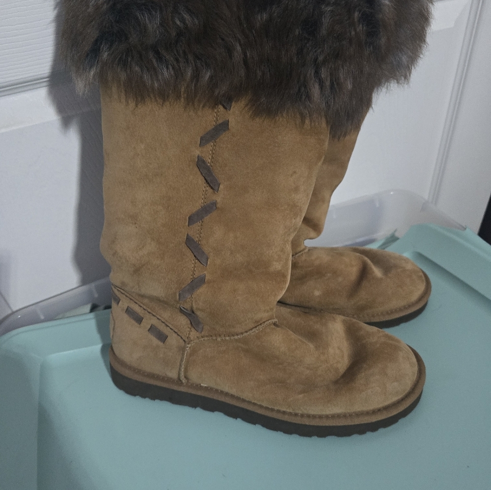 UGG Rosana Tan and Brown Winter Boots with Fur Trim